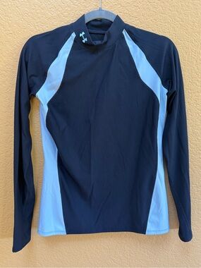 Under Armour Cold Gear Black & Light Blue Long Sleeve Athletic Top - Large